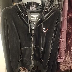 True Religion Black Velour Zip Hoodie With Pink Stitching
